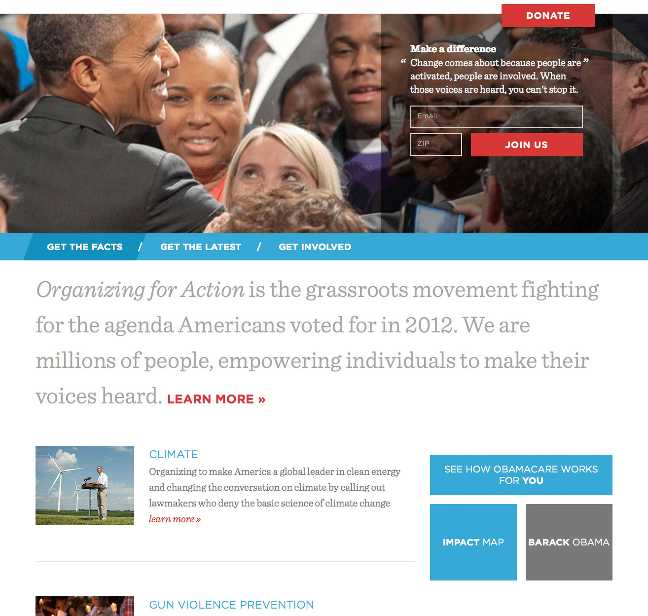 Screenshot of the 2013 Organizing for Action website