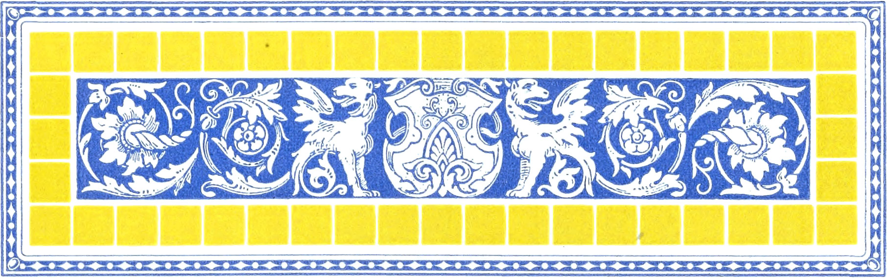 Ornate blue horizontal graphic of griffins, a crest, and floral filigree bordered by green-yellow tiles and a violet-blue border