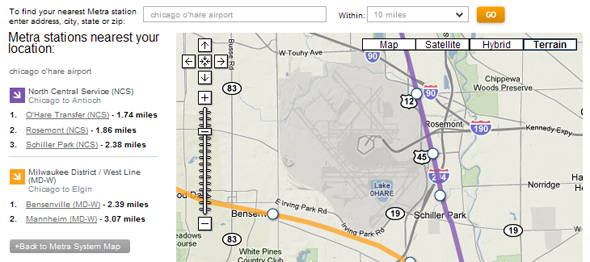 Screenshot of Metra's station finder