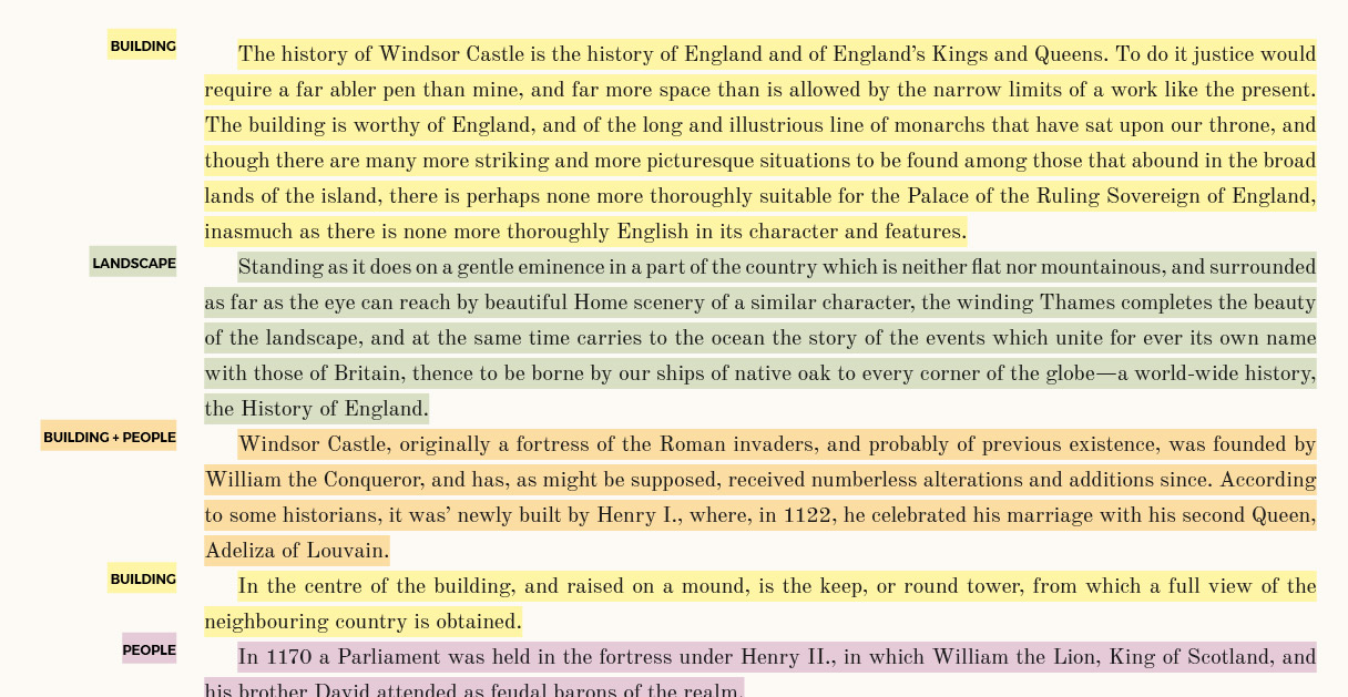 Description of Windsor castle with each paragraph color coded and tagged