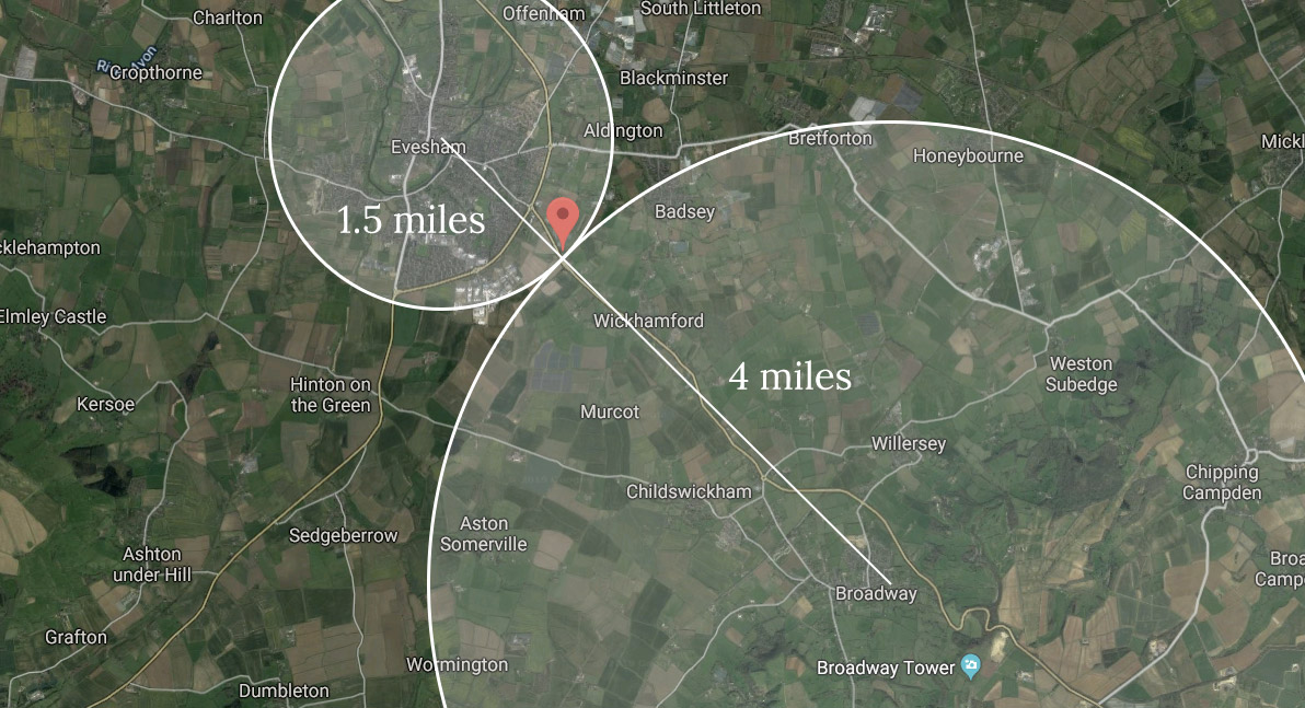 Map with measurements from Evesham and Broadway pinpointing the possible location of Oxley Manor