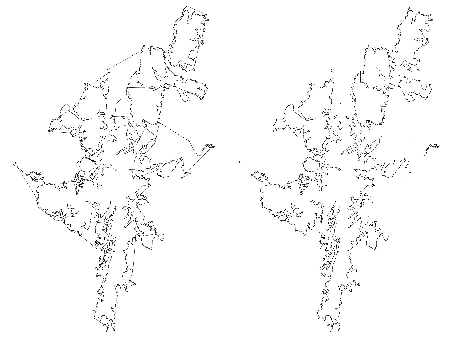 Shetland Islands with lines connecting each one to another