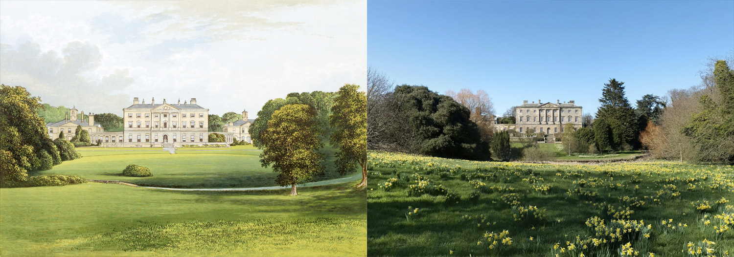 Side-by-side views of illustration and photo from Google Street View of Howick Hall