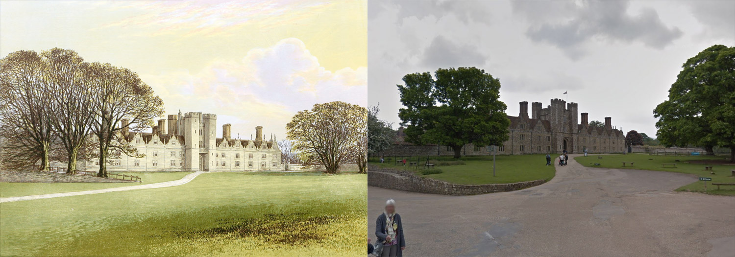 Side-by-side views of illustration and photo from Google Street View of Knole