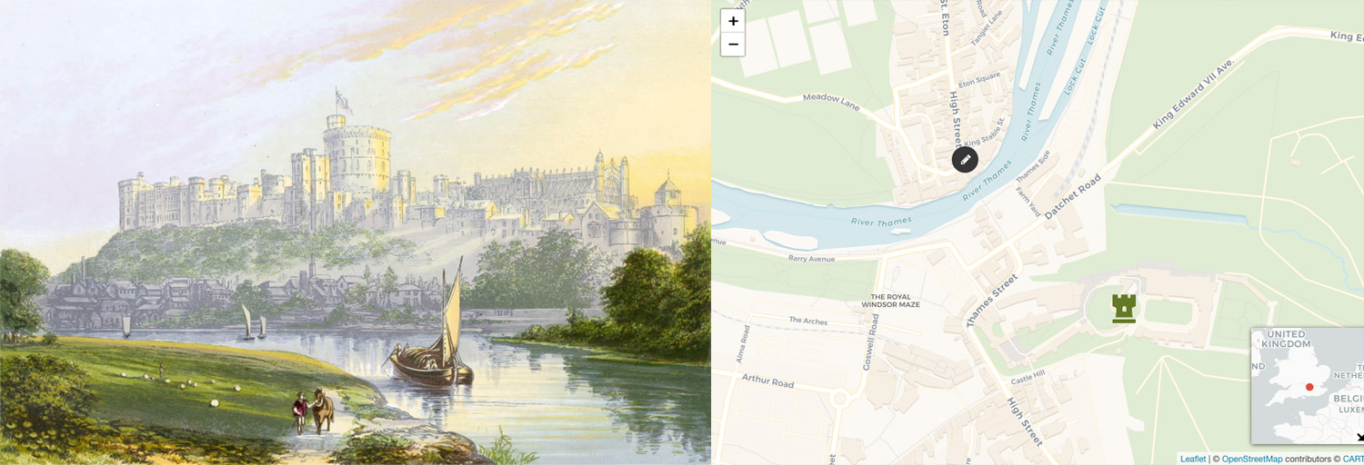 Illustration and map of location and vantage for Windosor castle