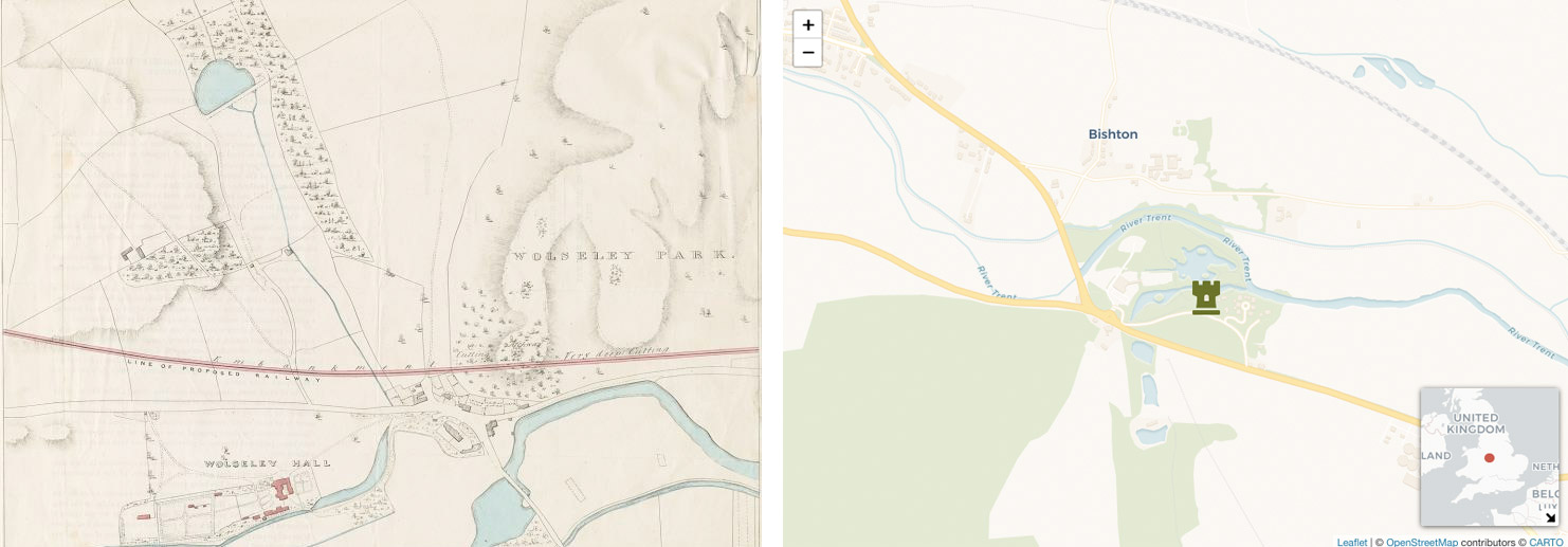 Hand drawn map and digital map of Wolseley Hall location