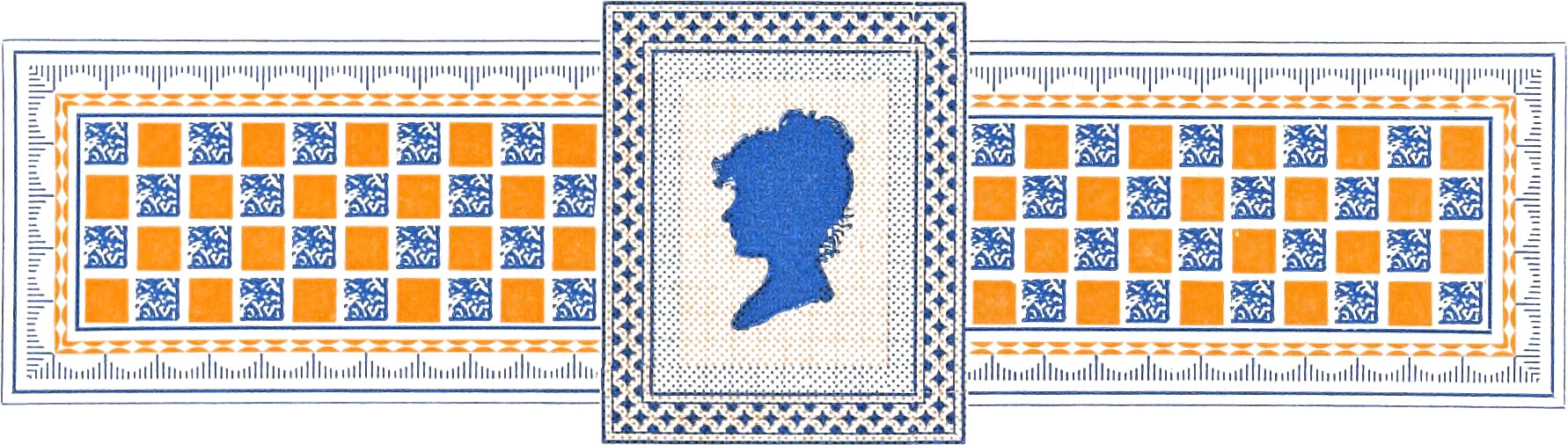 Checkered border with a female silhouette in the middle surrounded by a border comprising blue and orange colors