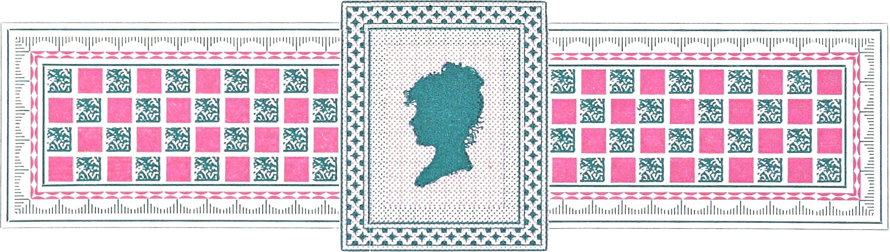 Checkered border with a female silhouette in the middle surrounded by a border comprising teal and pink colors