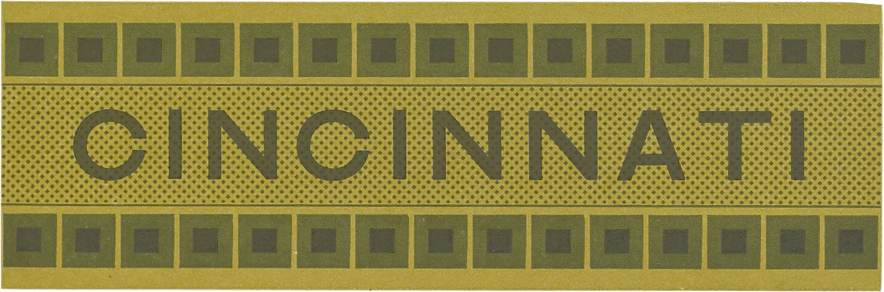 Ornate border comprising shades of green with the word 'Cincinnati' in the middle
