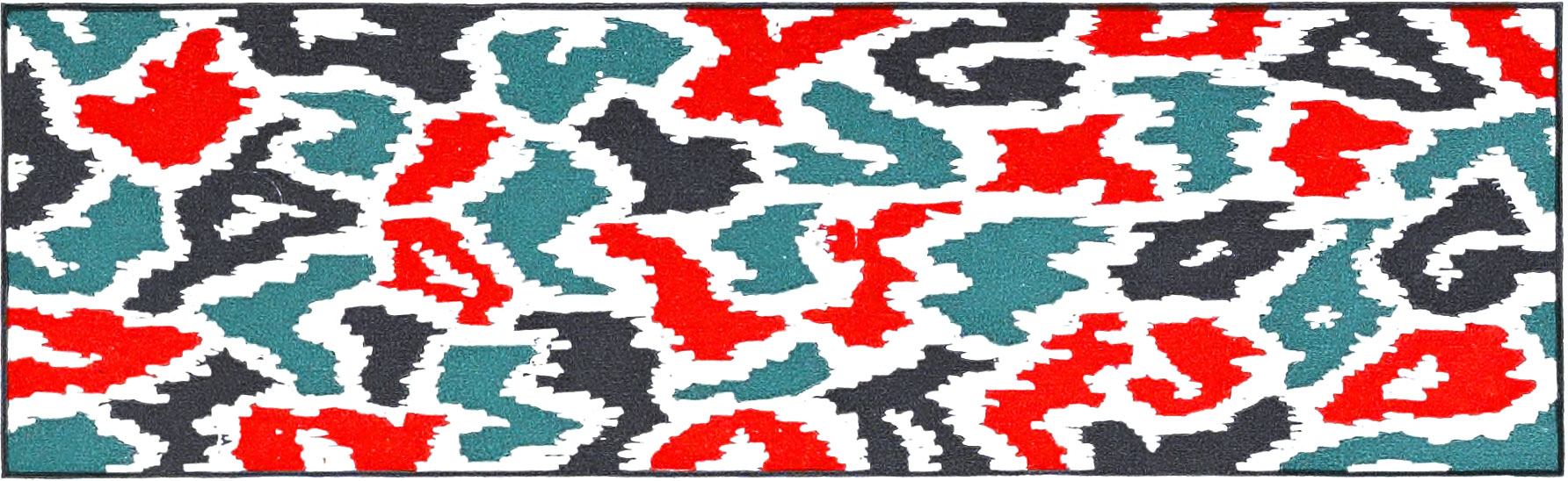 Camouflage-like pattern of red, dark sea-green, and black