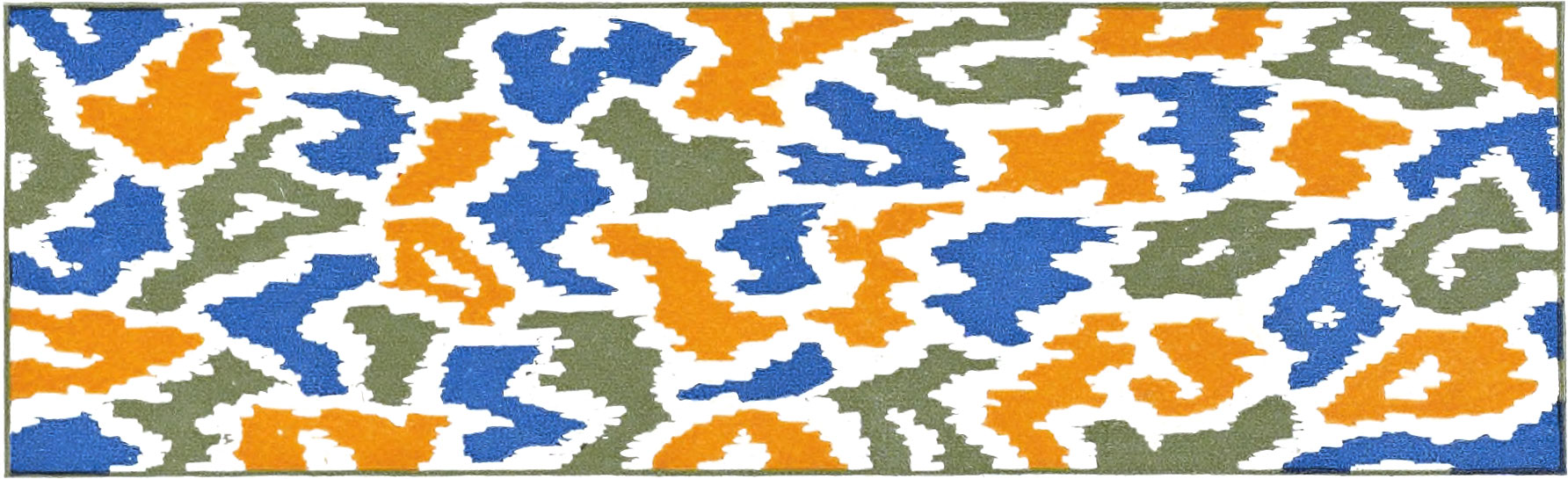 Camouflage-like pattern of blue, orange, and olive