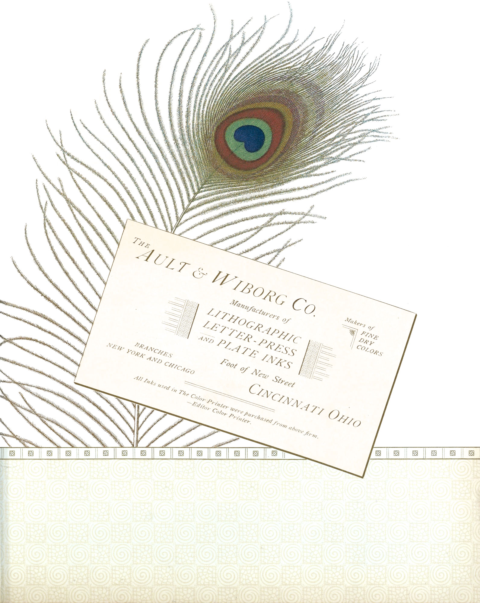 Advertisement sample showing a business card and peacock feather