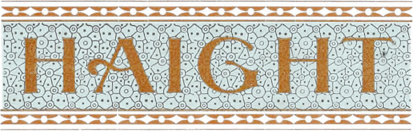 Ornate border with 'Haight' on it comprising blue tint, gold, and a dark tone of orange colors