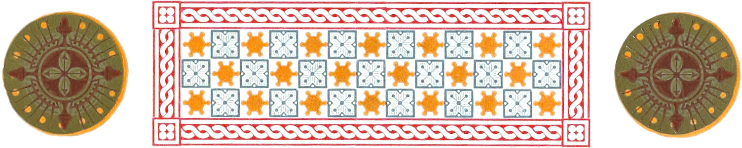 Checkered pattern with stars and a border, flanked by ornate circular illustrations, comprising red, yellow, and blue mixed with other colors