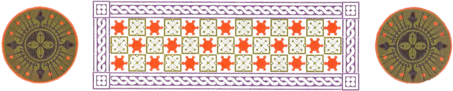 Checkered pattern with stars and a border, flanked by ornate circular illustrations, comprising red, yellow, and blue mixed with other colors