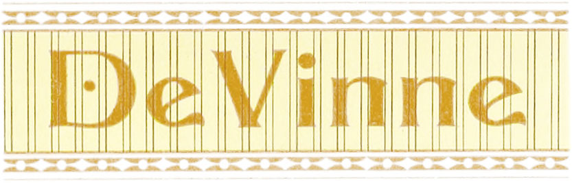 Vertically pin-striped border with 'DeVinne' on it comprising yellow tint, gold, and sage green colors