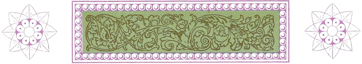 Ornate filigree with purple border and 8-pointed stars flanking it, comprising green, purple, and gold colors