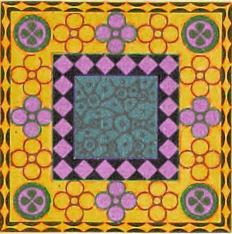 Ornate square comprising half-tone purple, olive tint, and gold colors