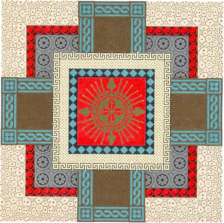 Ornate square with many different patterns comprising red, dark orange, light green-blue, gray, primrose tint, gold, and black colors