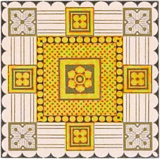 Ornate square comprising greenish yellow, flesh tint, gold, and black colors