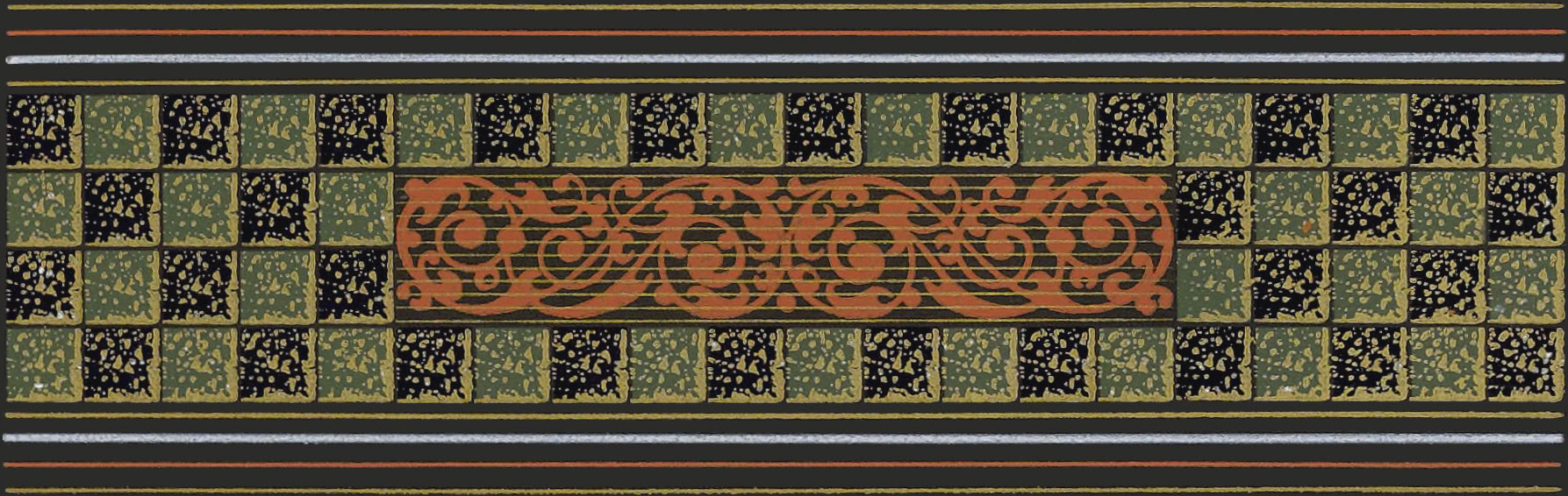 Ornate border with filigree in the middle comprising dark blue, green, red, white, and gold colors