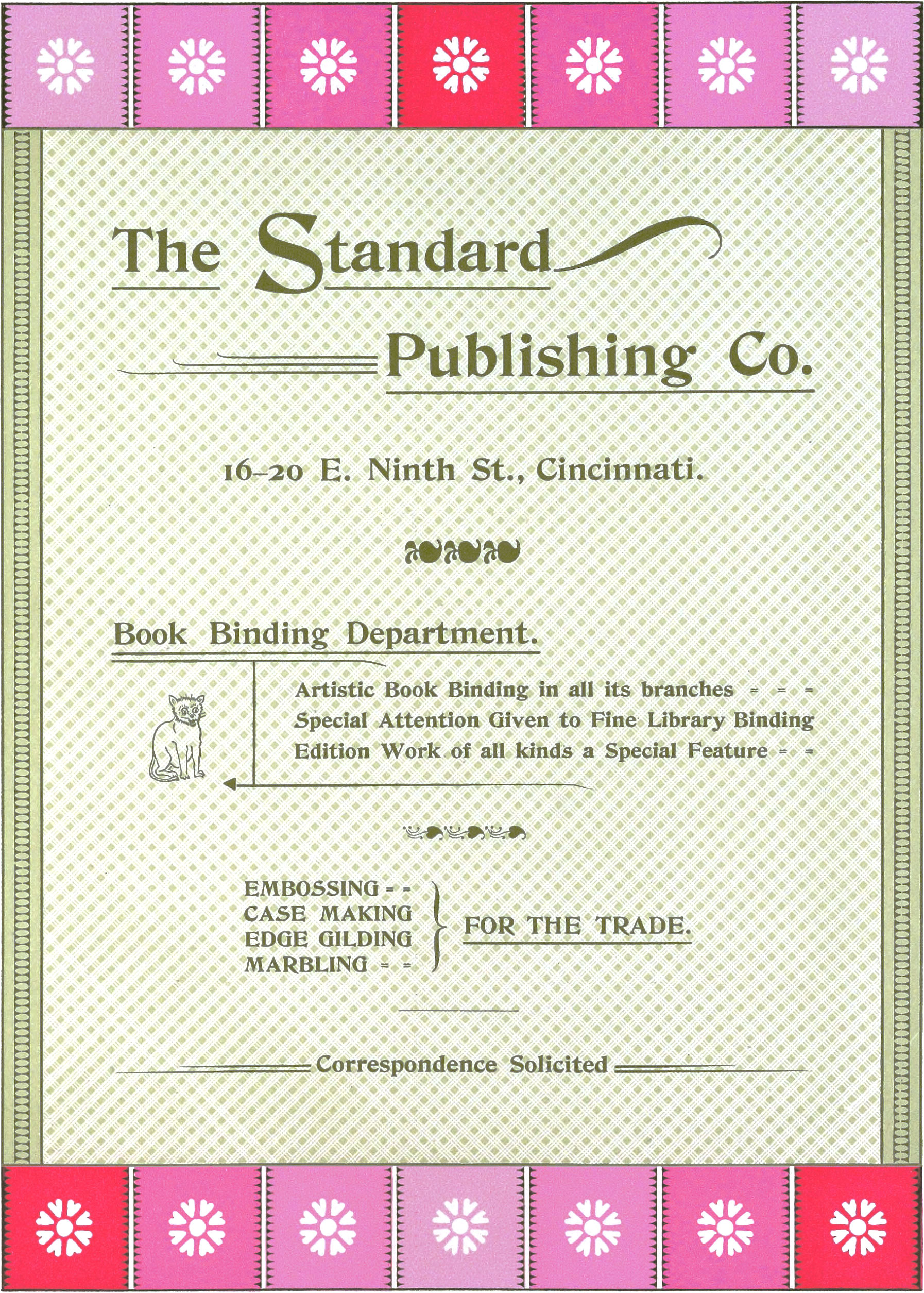 Printed advertisement for a publishing company with rose borders at top and bottom and green patterns and borders in the middle