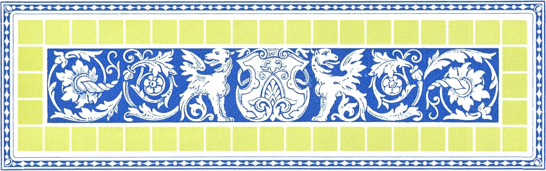 Ornate blue horizontal graphic of griffins, a crest, and floral filigree bordered by light green tiles and a blue border