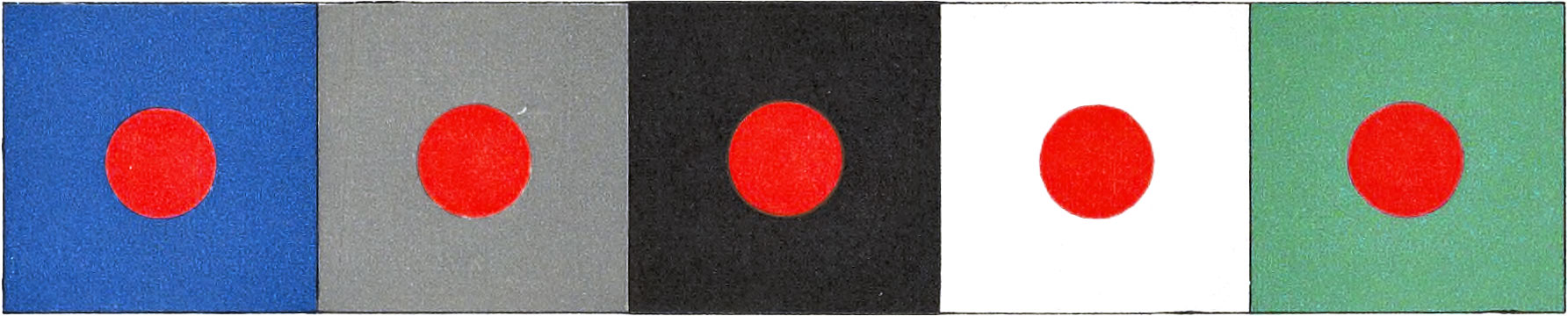 Row of five squares, blue, gray, black, white, and green with a large red circle in each