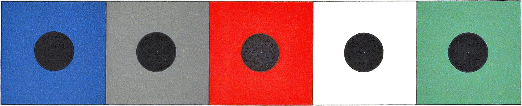 Row of five squares, blue, gray, red, white, and green with a large black circle in each