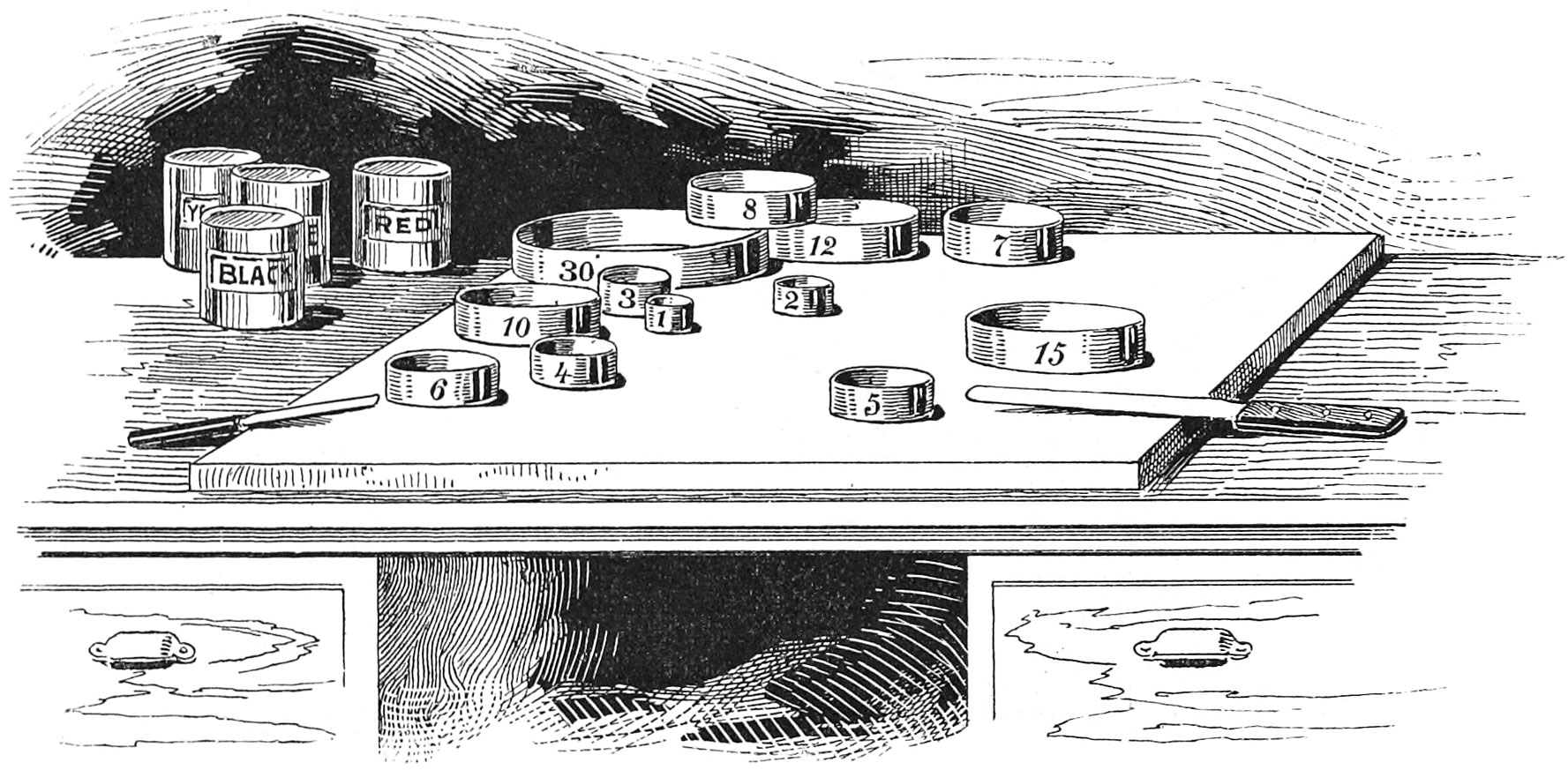 Illustration of ink circles of various sizes and mixing tools on a desk